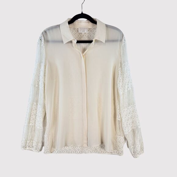 ALEXIS Womens Top Beige Button Up Silk Crochet Lace Sheer Blouse Boho USA Size 6 - Picture 1 of 11